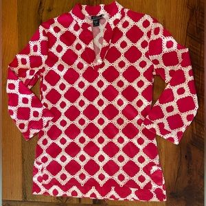 Golftini Classic Raspberry Red Stretch Cotton Tunic with Fun Print, Size Large